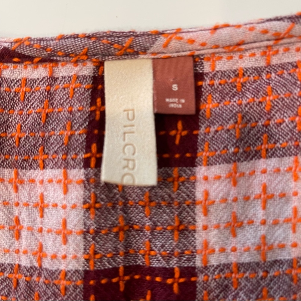 Anthropologie Red Plaid Long-Sleeve Smocked Waist Blouse - Picture 5 of 9